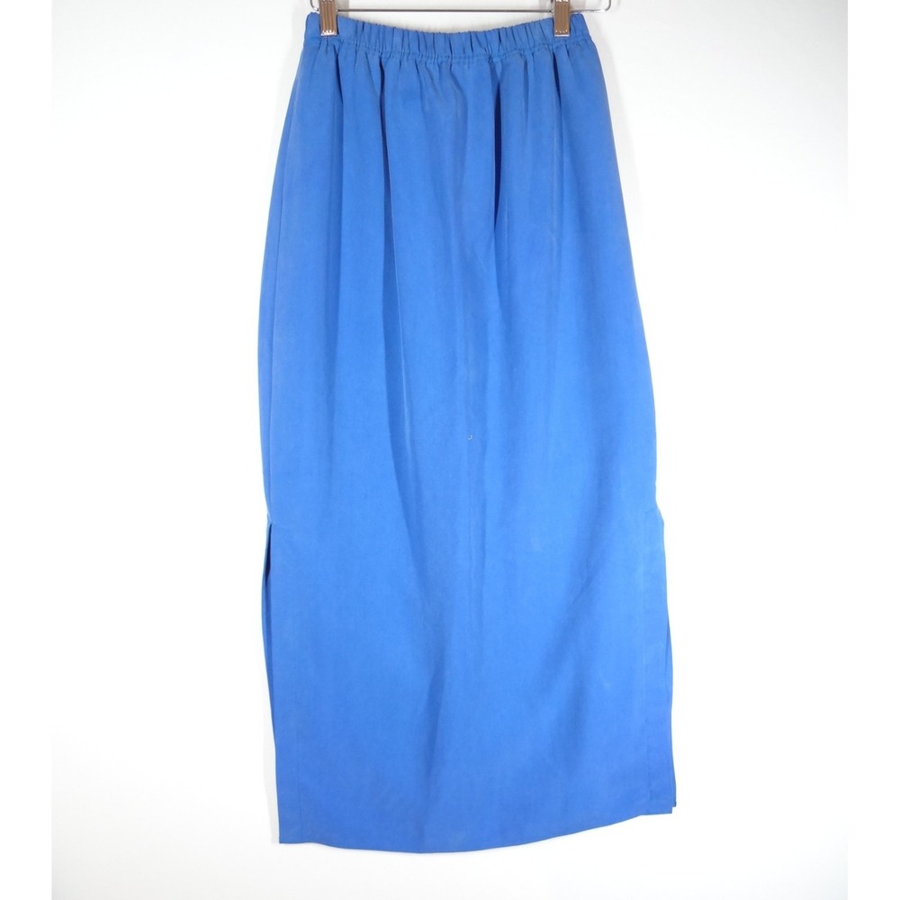 VTG‎ NOS Natalie Me Maxi Skirt Women PS Blue Silk Side Slit Minimalist Lagenlook